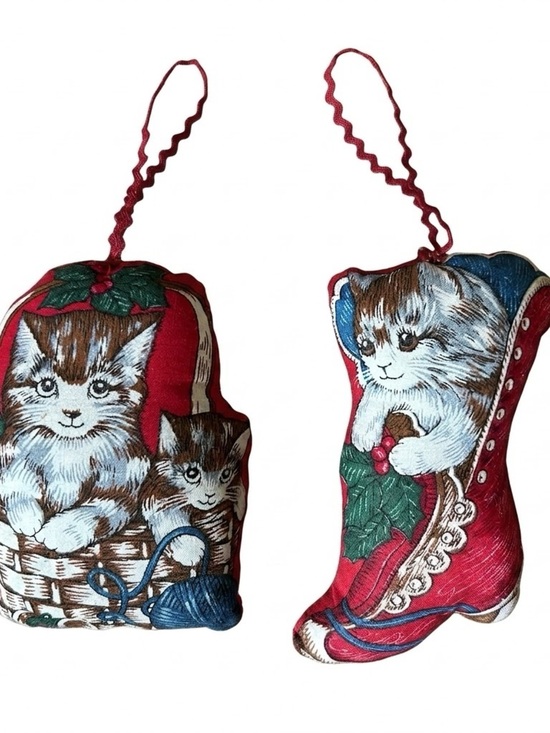 Handmade Other - Vtg 80s Lot of 2 Cat Stuffed Fabric Christmas Ornaments Kitten Kitsch Handmade